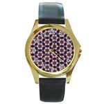 Cute Pretty Elegant Pattern Round Leather Watch (Gold Rim)  Front