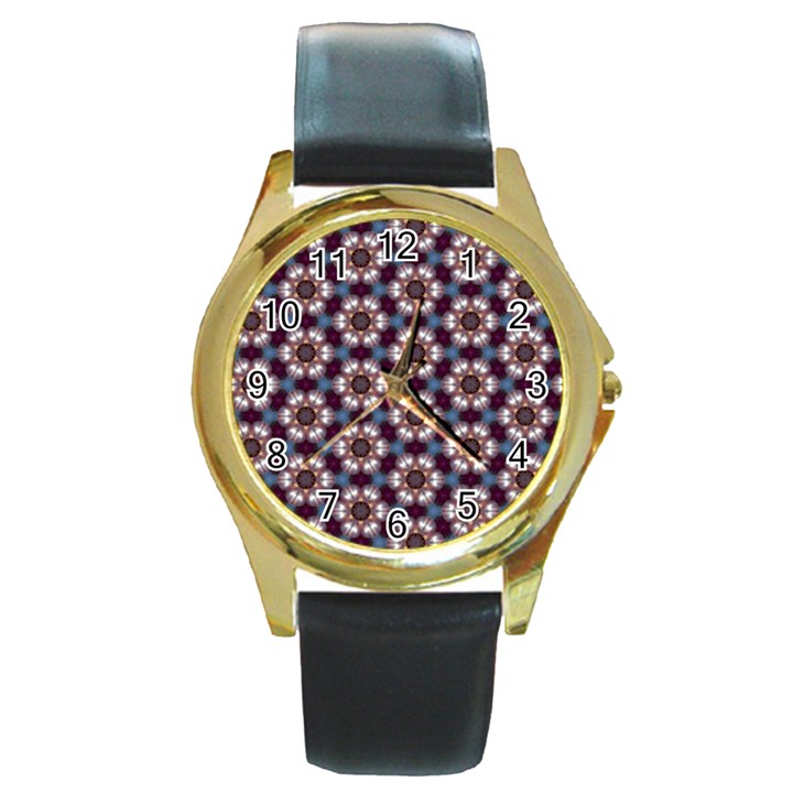 Cute Pretty Elegant Pattern Round Leather Watch (Gold Rim) 