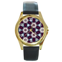 Cute Pretty Elegant Pattern Round Leather Watch (gold Rim)  by GardenOfOphir