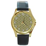 Cute Pretty Elegant Pattern Round Leather Watch (Gold Rim)  Front