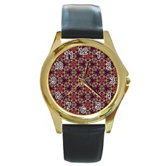 Cute Pretty Elegant Pattern Round Leather Watch (gold Rim) 