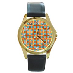 Cute Pretty Elegant Pattern Round Leather Watch (gold Rim) 