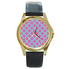 Cute Pretty Elegant Pattern Round Leather Watch (gold Rim) 