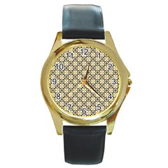 Cute Pretty Elegant Pattern Round Leather Watch (gold Rim) 