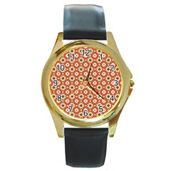 Cute Pretty Elegant Pattern Round Leather Watch (gold Rim) 