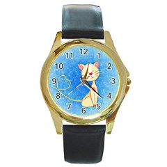 Cute Cat Round Leather Watch (gold Rim)  by Colorfulart23