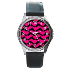 Pink Gun Round Leather Watch (Silver Rim)