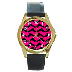 Pink Gun Round Leather Watch (Gold Rim) 