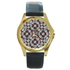 Modern Floral Geometric Pattern Round Leather Watch (Gold Rim) 