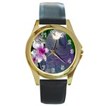 African Grey Parrot Round Leather Watch (Gold Rim)  Front