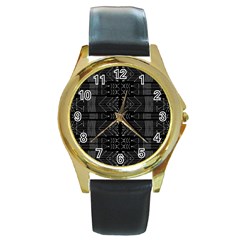 Black And White Tribal  Round Leather Watch (gold Rim)  by dflcprints