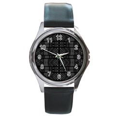 Black And White Tribal  Round Leather Watch (silver Rim) by dflcprints