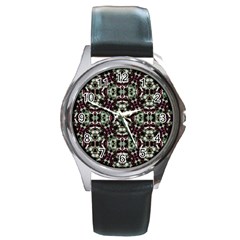 Geometric Grunge Round Leather Watch (silver Rim) by dflcprints