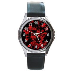 Dark Red Flower Round Leather Watch (silver Rim) by dflcprints