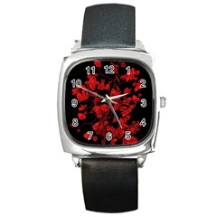 Dark Red Flower Square Leather Watch