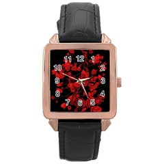 Dark Red Flower Rose Gold Leather Watch 