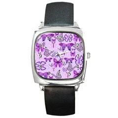 Purple Awareness Butterflies Square Leather Watch by FunWithFibro