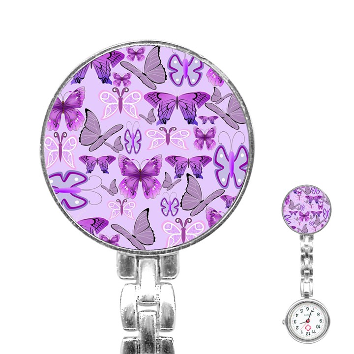 Purple Awareness Butterflies Stainless Steel Nurses Watch