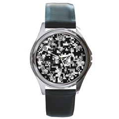 Background Noise In Black & White Round Leather Watch (silver Rim) by StuffOrSomething