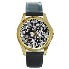 Background Noise In Black & White Round Leather Watch (gold Rim)  by StuffOrSomething