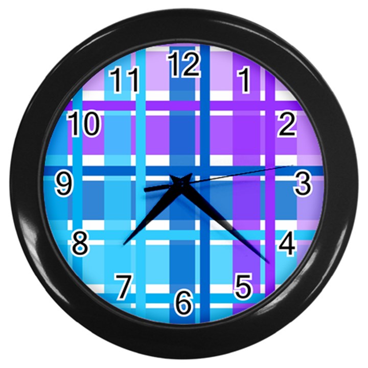 Blue & Purple Gingham Plaid Wall Clock (Black)