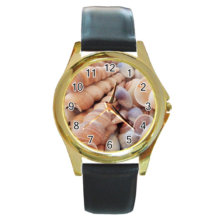 Sea Shells Round Leather Watch (Gold Rim) 