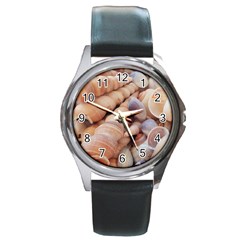 Sea Shells Round Leather Watch (silver Rim) by yoursparklingshop