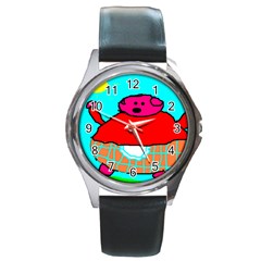 Sweet Pig Knoremans, Art By Kids Round Leather Watch (silver Rim)