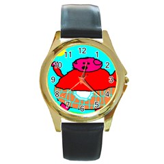 Sweet Pig Knoremans, Art By Kids Round Leather Watch (gold Rim)  by yoursparklingshop