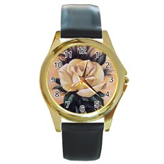 Yellow Rose Round Leather Watch (gold Rim) 