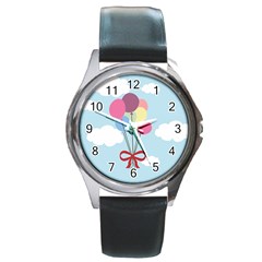 Balloons Round Leather Watch (silver Rim) by Kathrinlegg