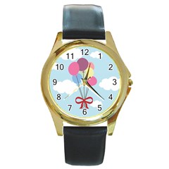 Balloons Round Leather Watch (gold Rim)  by Kathrinlegg