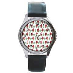 Mushrooms Round Leather Watch (silver Rim)