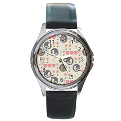 Love Birds Round Leather Watch (silver Rim)