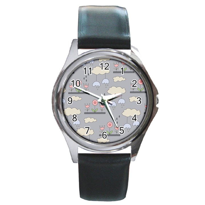 Garden in the Sky Round Leather Watch (Silver Rim)