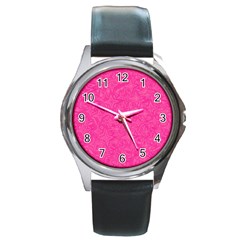 Abstract Stars In Hot Pink Round Leather Watch (Silver Rim)