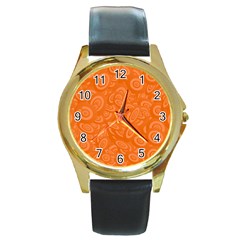 Orange Abstract 45s Round Leather Watch (Gold Rim) 