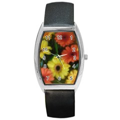 Orange Yellow Daisy Flowers Gerbera Tonneau Leather Watch