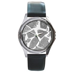 Grey White Tiles Pattern Round Leather Watch (silver Rim)