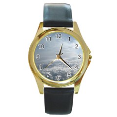 Sky Plane View Round Leather Watch (gold Rim) 