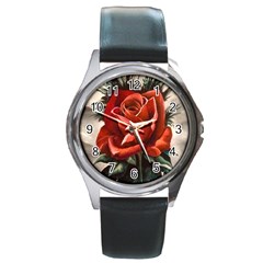 Red Rose Round Leather Watch (silver Rim)