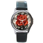 Red Rose Round Leather Watch (Silver Rim) Front