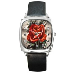 Red Rose Square Leather Watch