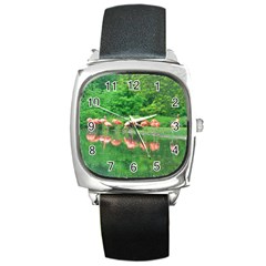 Flamingo Birds At Lake Square Leather Watch by yoursparklingshop