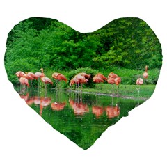 Flamingo Birds At Lake Large 19  Premium Heart Shape Cushion