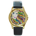 Inspirational Girl Round Leather Watch (Gold Rim)  Front