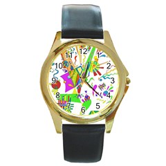 Splatter Life Round Leather Watch (gold Rim)  by sjart