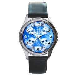 Skydivers Round Leather Watch (silver Rim) by icarusismartdesigns