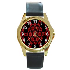 Red Alaun Crystal Mandala Round Leather Watch (gold Rim)  by lucia