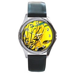 Yellow Dream Round Leather Watch (silver Rim) by pwpmall